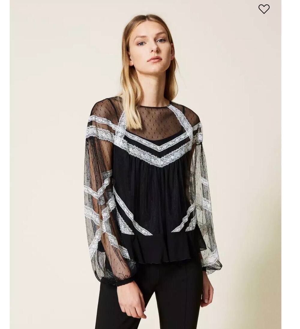 BNWT Twinset Milano Point d'esprit tulle blouse with lace.